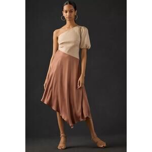 By Anthropologie Faux Leather One Shoulder Asymmetrical Midi Dress Neutral Sz 14